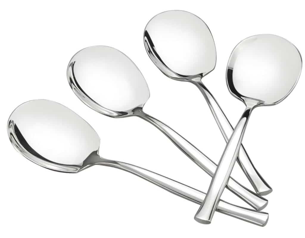 Four shiny, stainless steel spoons arranged in a fan-like pattern on a white background—the perfect utensils for serving instant pot mashed potatoes, with their heads facing outward and handles crossing in the center.